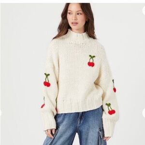 FOREVER 21 Chunky Knit Mock Neck Sweater Cream With Embroidered Cherries Small